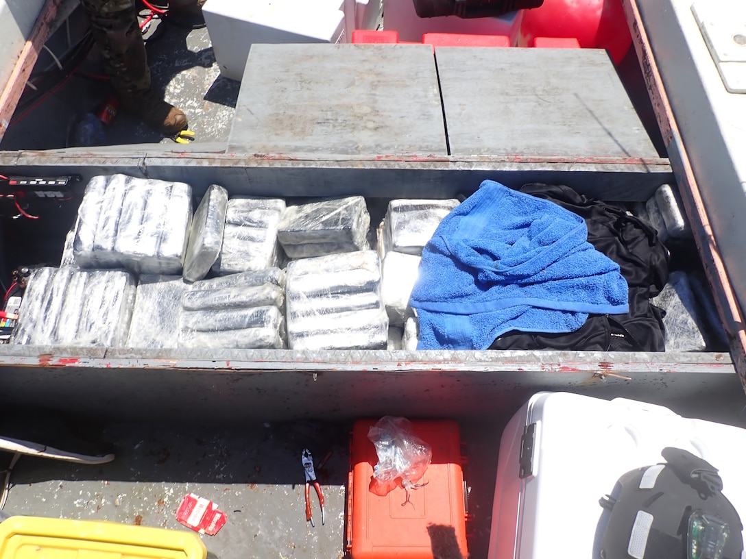 The crew of Coast Guard Cutter Joseph Tezanos interdicted a drug smuggling vessel in which the crew seized 176 kilograms of cocaine and apprehended two suspected smugglers off the coast of Rincon, Puerto Rico, Sept. 28, 2024.  The seized contraband is estimated to have a wholesale value of $4.3 million dollars, while the contraband and two apprehended smugglers were transferred to DEA Special Agents in Mayaguez, Puerto Rico, Sept. 29, 2024. (U.S. Coast Guard photo)