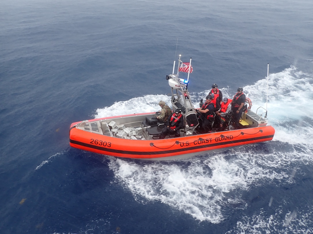 The crew of Coast Guard Cutter Joseph Tezanos interdicted a drug smuggling vessel in which the crew seized 176 kilograms of cocaine and apprehended two suspected smugglers off the coast of Rincon, Puerto Rico, Sept. 28, 2024.  The seized contraband is estimated to have a wholesale value of $4.3 million dollars, while the contraband and two apprehended smugglers were transferred to DEA Special Agents in Mayaguez, Puerto Rico, Sept. 29, 2024. (U.S. Coast Guard photo)