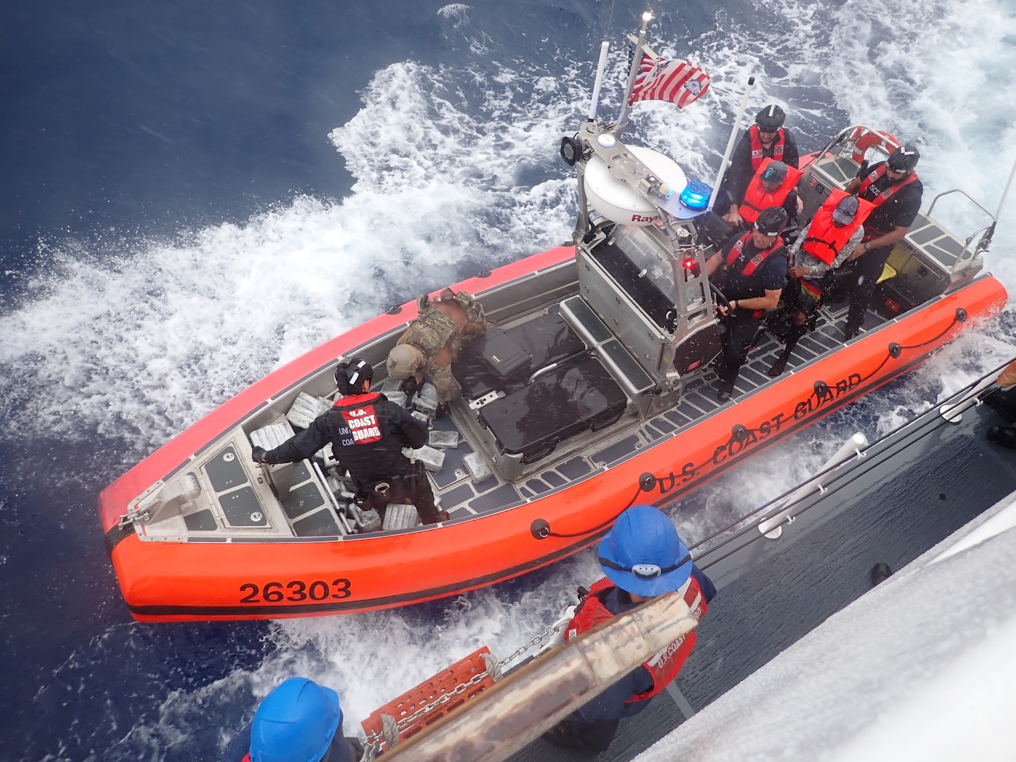 The crew of Coast Guard Cutter Joseph Tezanos interdicted a drug smuggling vessel in which the crew seized 176 kilograms of cocaine and apprehended two suspected smugglers off the coast of Rincon, Puerto Rico, Sept. 28, 2024.  The seized contraband is estimated to have a wholesale value of $4.3 million dollars, while the contraband and two apprehended smugglers were transferred to DEA Special Agents in Mayaguez, Puerto Rico, Sept. 29, 2024. (U.S. Coast Guard photo)