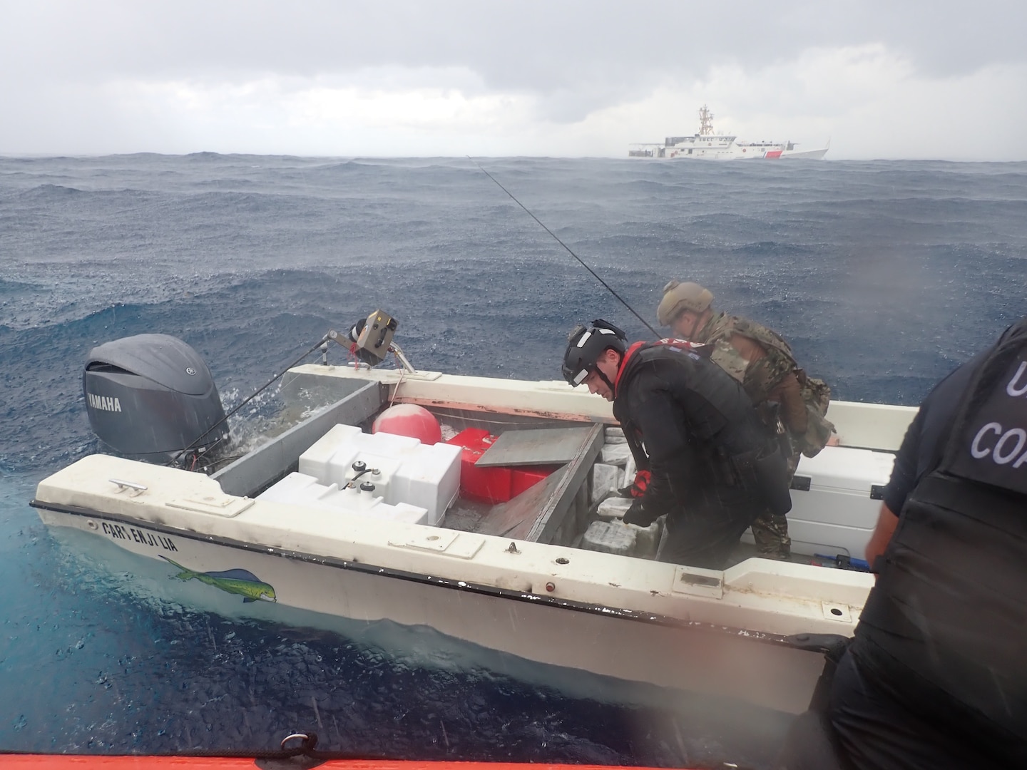 The crew of Coast Guard Cutter Joseph Tezanos interdicted a drug smuggling vessel in which the crew seized 176 kilograms of cocaine and apprehended two suspected smugglers off the coast of Rincon, Puerto Rico, Sept. 28, 2024.  The seized contraband is estimated to have a wholesale value of $4.3 million dollars, while the contraband and two apprehended smugglers were transferred to DEA Special Agents in Mayaguez, Puerto Rico, Sept. 29, 2024. (U.S. Coast Guard photo)