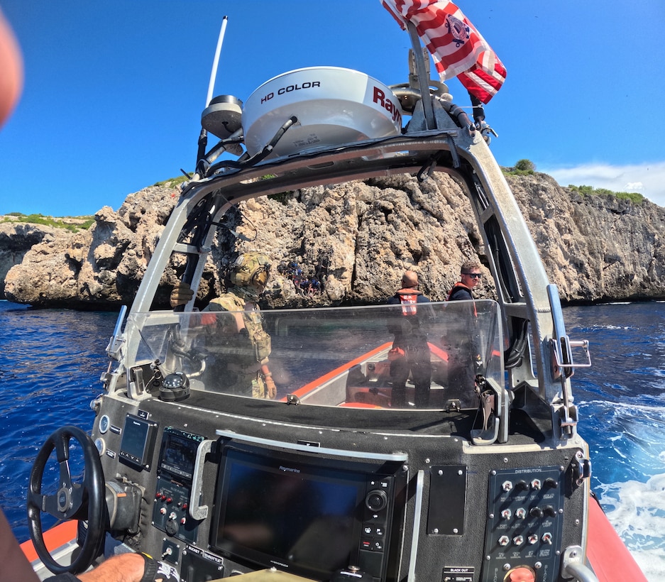 The crew of Coast Guard Cutter Joseph Tezanos rescues 14 migrants, Sept. 29, 2024, who were left stranded by smugglers on the uninhabited natural reserve of Monito Island, Puerto Rico, in the Mona Passage. The rescue involved efforts and coordination with Caribbean Border Interagency Group (CBIG) partner agencies and Puerto Rico Department of Natural and Environmental Resources Park Rangers.  The migrant group was transferred to U.S. Boder Patrol Agents in Mayaguez, Puerto Rico, where EMS authorities provided assistance. (U.S. Coast Guard photo)