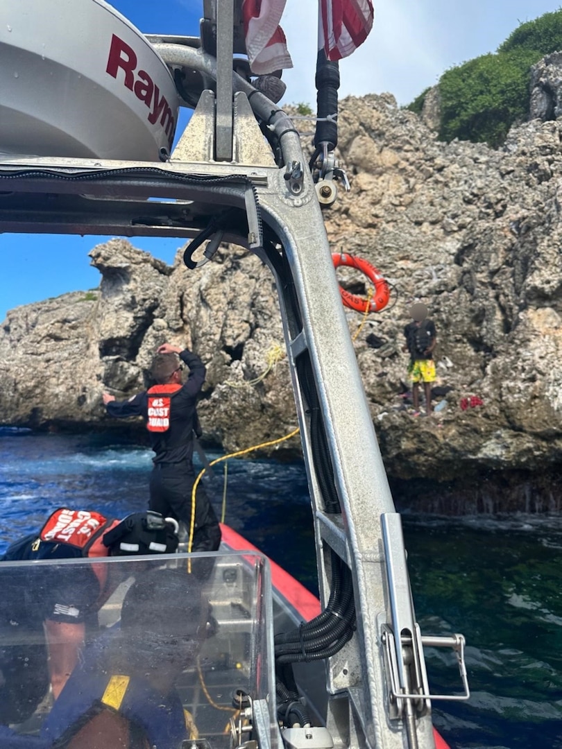 The crew of Coast Guard Cutter Joseph Tezanos rescues 14 migrants, Sept. 29, 2024, who were left stranded by smugglers on the uninhabited natural reserve of Monito Island, Puerto Rico, in the Mona Passage. The rescue involved efforts and coordination with Caribbean Border Interagency Group (CBIG) partner agencies and Puerto Rico Department of Natural and Environmental Resources Park Rangers.  The migrant group was transferred to U.S. Boder Patrol Agents in Mayaguez, Puerto Rico, where EMS authorities provided assistance. (U.S. Coast Guard photo)