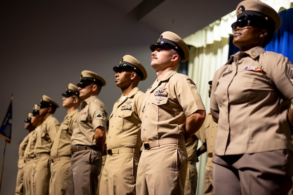 Chiefs Pinning Ceremony takes place for NCR Navy Medicine in Memorial Hall at Walter Reed National Military Medical Center September 27, 2024. 16 Servicemembers received anchors at the ceremony. (DOD Photo by Christian Lilakos)