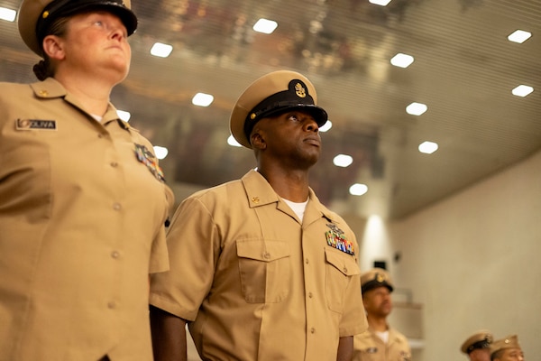 Chiefs Pinning Ceremony takes place for NCR Navy Medicine in Memorial Hall at Walter Reed National Military Medical Center September 27, 2024. 16 Servicemembers received anchors at the ceremony. (DOD Photo by Christian Lilakos)