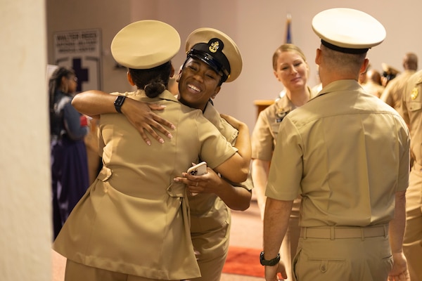 Chiefs Pinning Ceremony takes place for NCR Navy Medicine in Memorial Hall at Walter Reed National Military Medical Center September 27, 2024. 16 Servicemembers received anchors at the ceremony. (DOD Photo by Christian Lilakos)