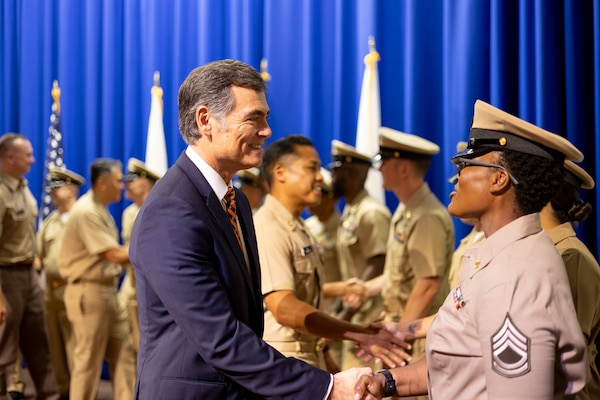 Chiefs Pinning Ceremony takes place for NCR Navy Medicine in Memorial Hall at Walter Reed National Military Medical Center September 27, 2024. 16 Servicemembers received anchors at the ceremony. (DOD Photo by Christian Lilakos)