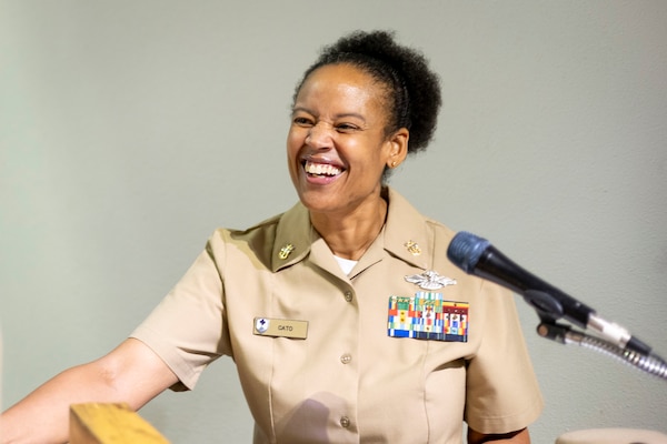 Master Chief Josina Cato serves as mistress of ceremony for the Chiefs Pinning Ceremony for NCR Navy Medicine in Memorial Hall at Walter Reed National Military Medical Center September 27, 2024. 16 Servicemembers received anchors at the ceremony. (DOD Photo by Christian Lilakos)