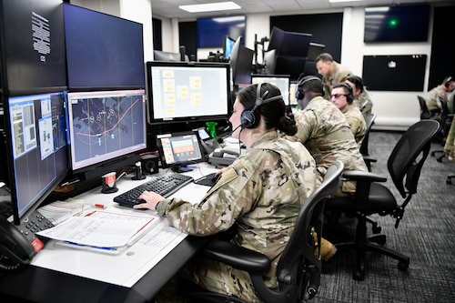 Soldier working at a computer terminal
