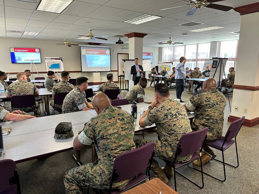Team members from the U.S. Army Corps of Engineers’ Southwestern Division Regional Planning and Environmental Center meet with enlisted personnel at U.S. Marine Corps Air Station Miramar. The meeting was part of a visioning workshop for future infrastructure development on the installation.