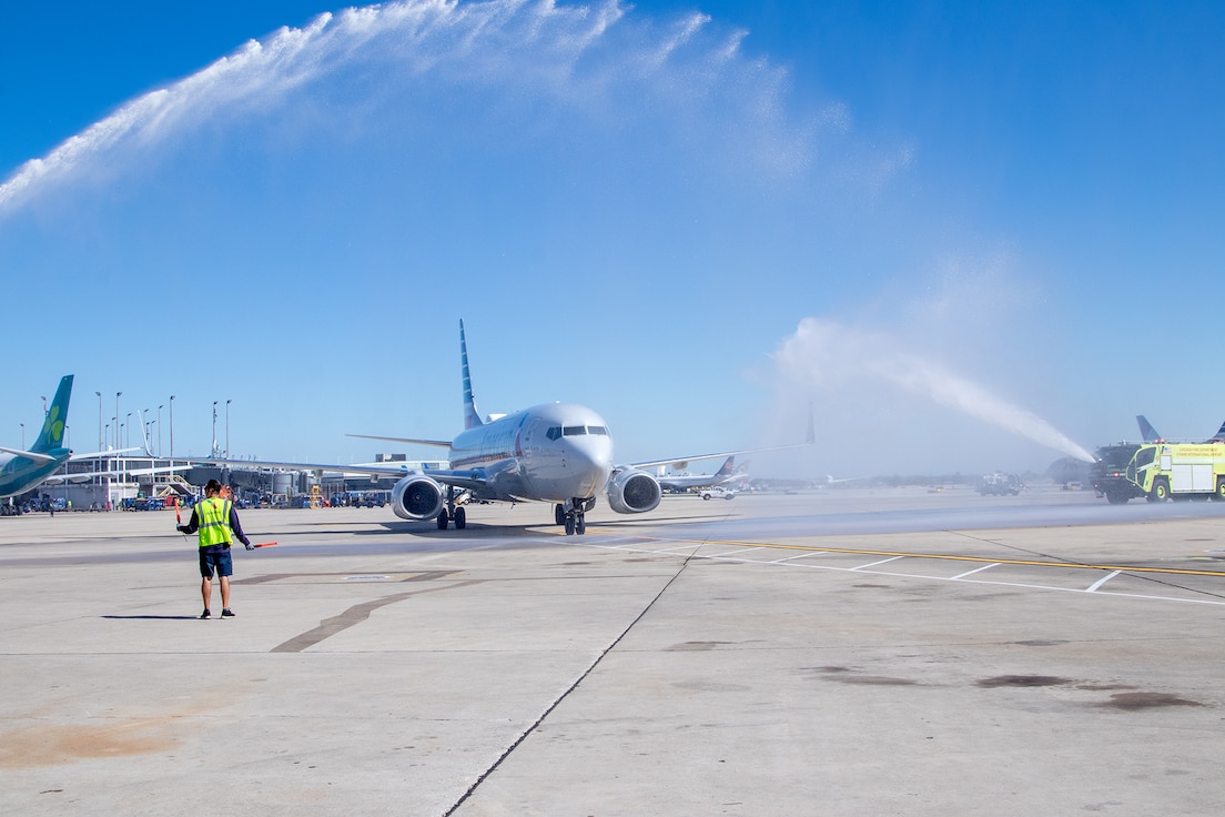 The Chicago Fire Department at O’Hare International Airport presents a water salute on the aircraft carrying the remains of Illinois Army National Guard Pfc. Harry Jerele as it arrives at O’Hare International Airport Oct. 1.