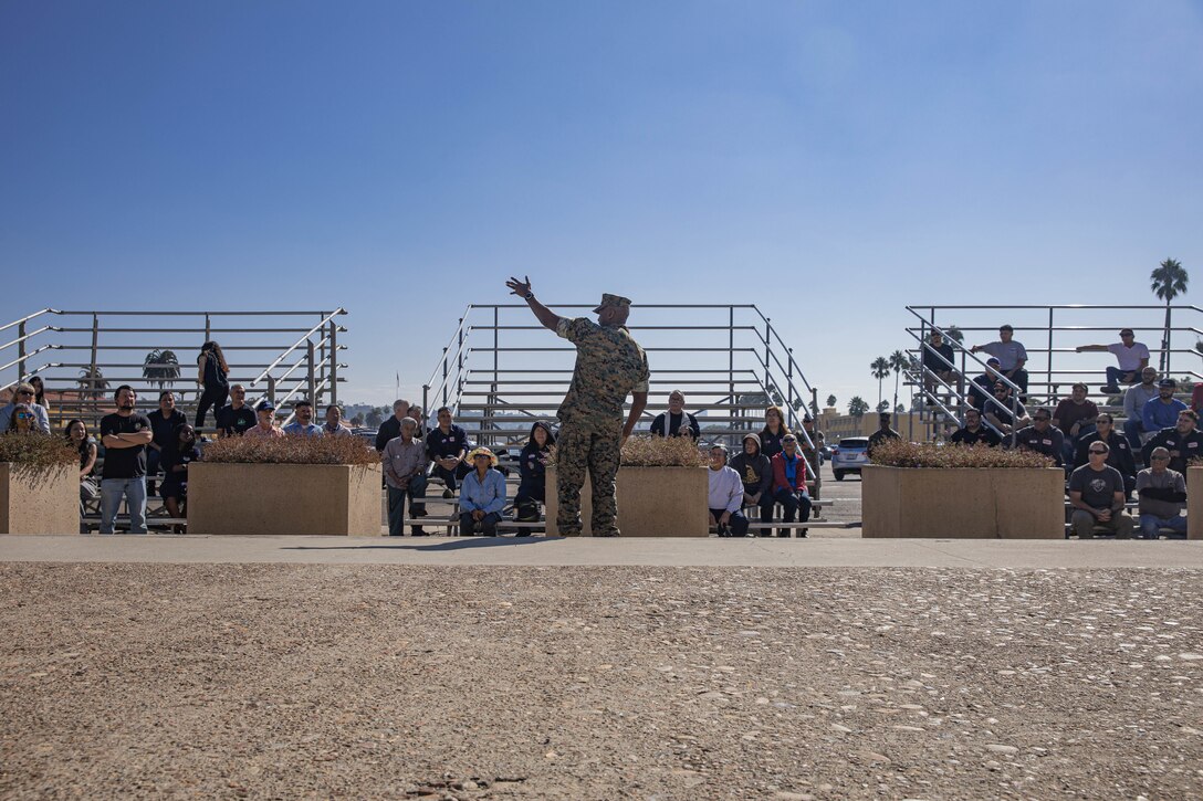 U.S. Marine Corps Brig. Gen. James A. Ryans II, commanding general, Marine Corps Recruit Depot San Diego and Western Recruiting Region, hosts a small appreciation event for the janitorial, landscape and facilities workers at MCRD San Diego, California, Sept. 30, 2024. Civilian contractors under MCRD San Diego’s logistics section take care of depot grounds, facilities, construction maintenance and other needs around MCRD San Diego. (U.S. Marine Corps photo by Cpl. Alexandra M. Earl)