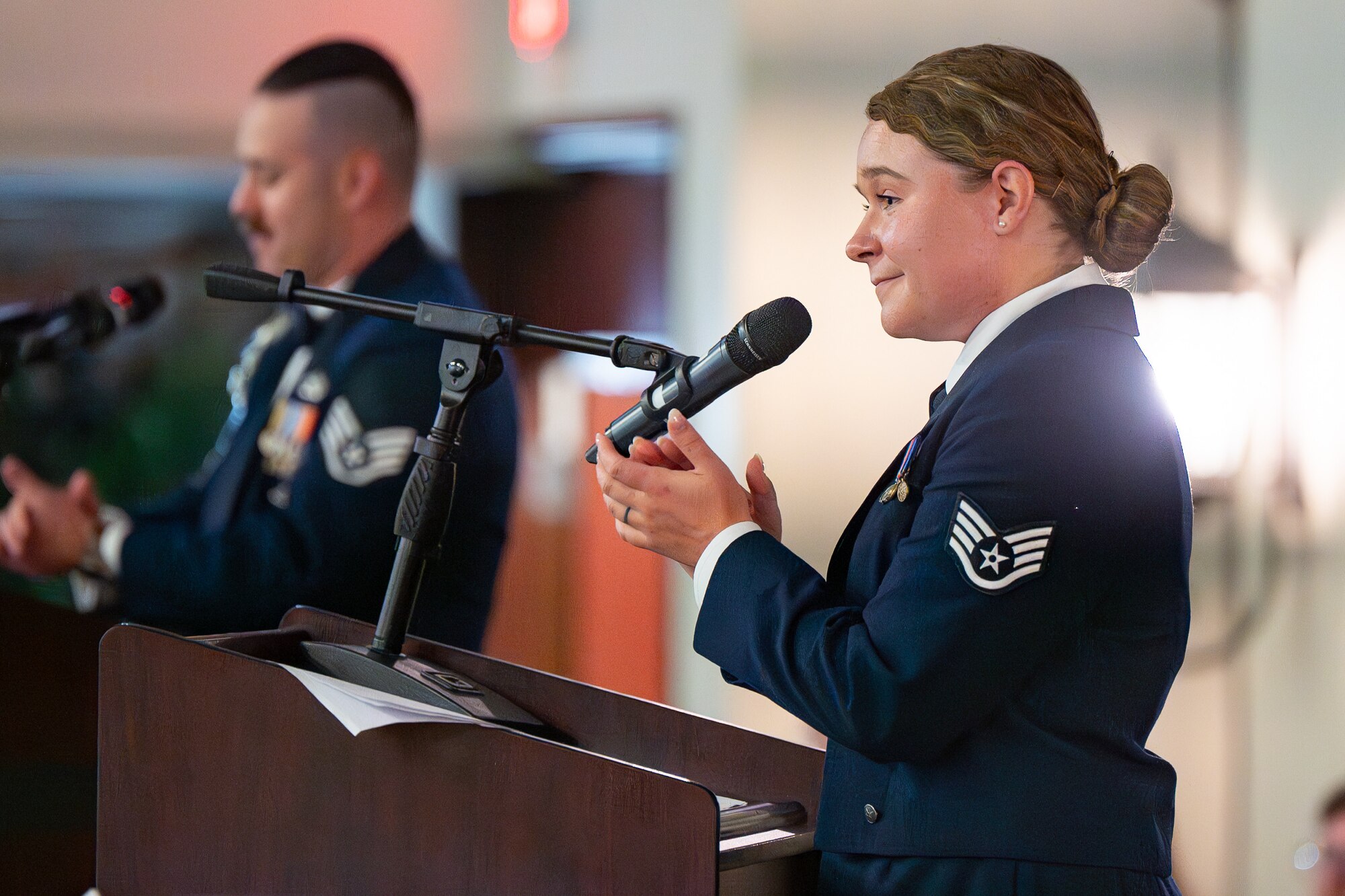 Uniformed personnel hold a celebration.