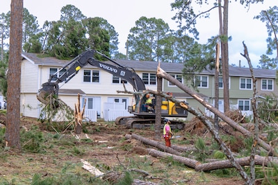 Damaged backyard shows trees down and debis