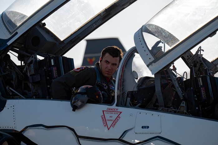 A pilot sits in the backseat of a T-38 Talon.