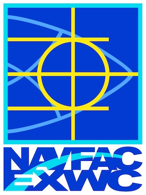 NAVFAC EXWC logo,, with blue and yellow design and NAVFAC EXWC in capital letters