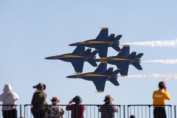 The U.S. Navy Blue Angels perform aerial maneuvers during the 2024 Marine Corps Air Station Miramar Airshow at MCAS Miramar in San Diego, California, Sept. 27, 2024. The MCAS Miramar Airshow provides a unique flightline experience with static displays and daytime shows that feature military demonstration teams, civilian acrobatic teams, aerial solo acts, vintage aircraft and warbirds. (U.S. Marine Corps photo by Cpl. Bruin Largent)