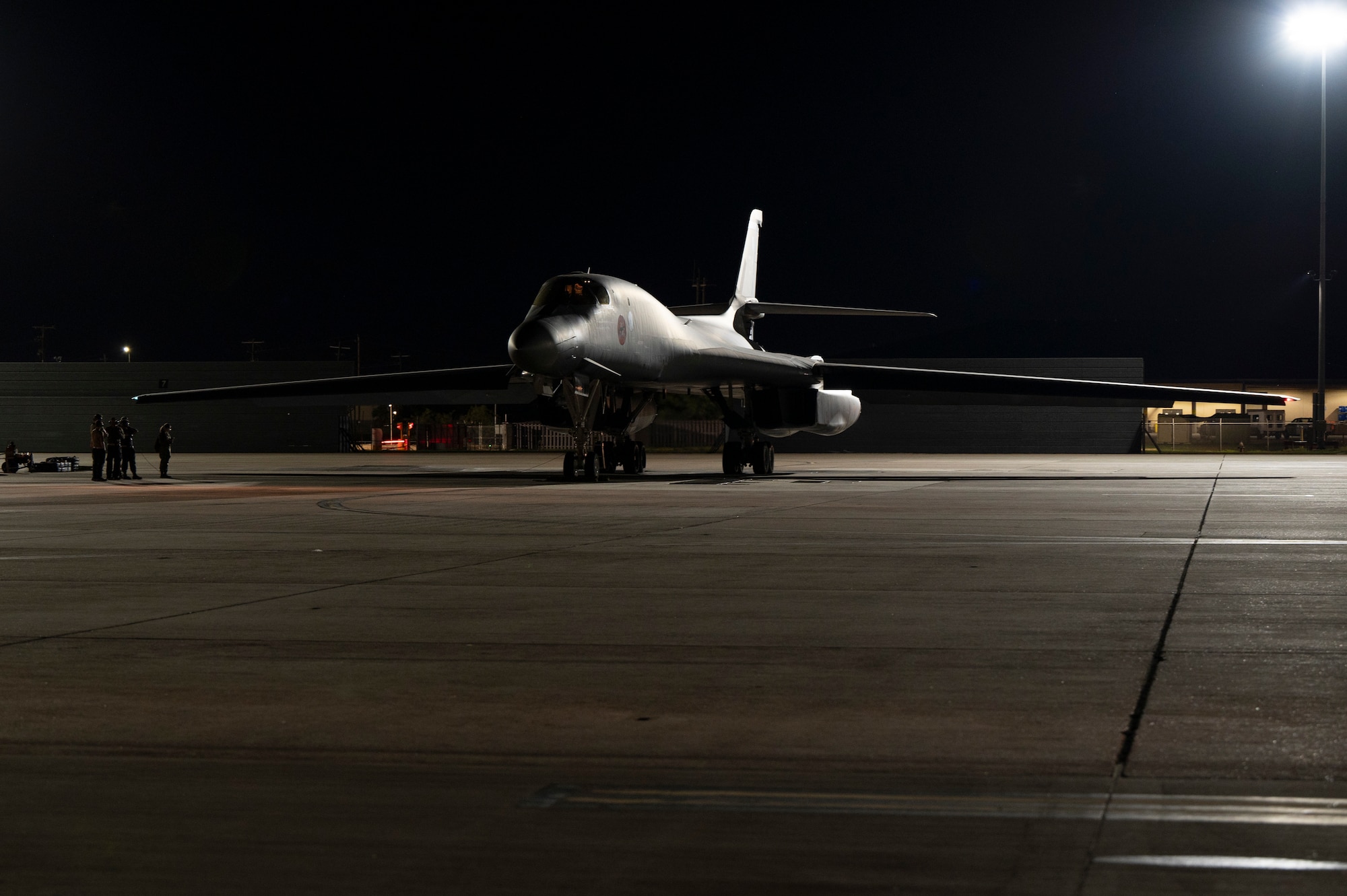 A B-1B Lancer prepares for take-off on the flightline at Dyess Air Force Base, Texas, Sept. 30, 2024. Bomber missions provide opportunities to train and work with our Allies and partners in joint and coalition operations and exercises. (U.S. Air Force photo by Airman 1st Class Emma Anderson)
