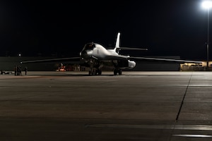 A B-1B Lancer prepares for take-off on the flightline at Dyess Air Force Base, Texas, Sept. 30, 2024. Bomber missions provide opportunities to train and work with our Allies and partners in joint and coalition operations and exercises. (U.S. Air Force photo by Airman 1st Class Emma Anderson)