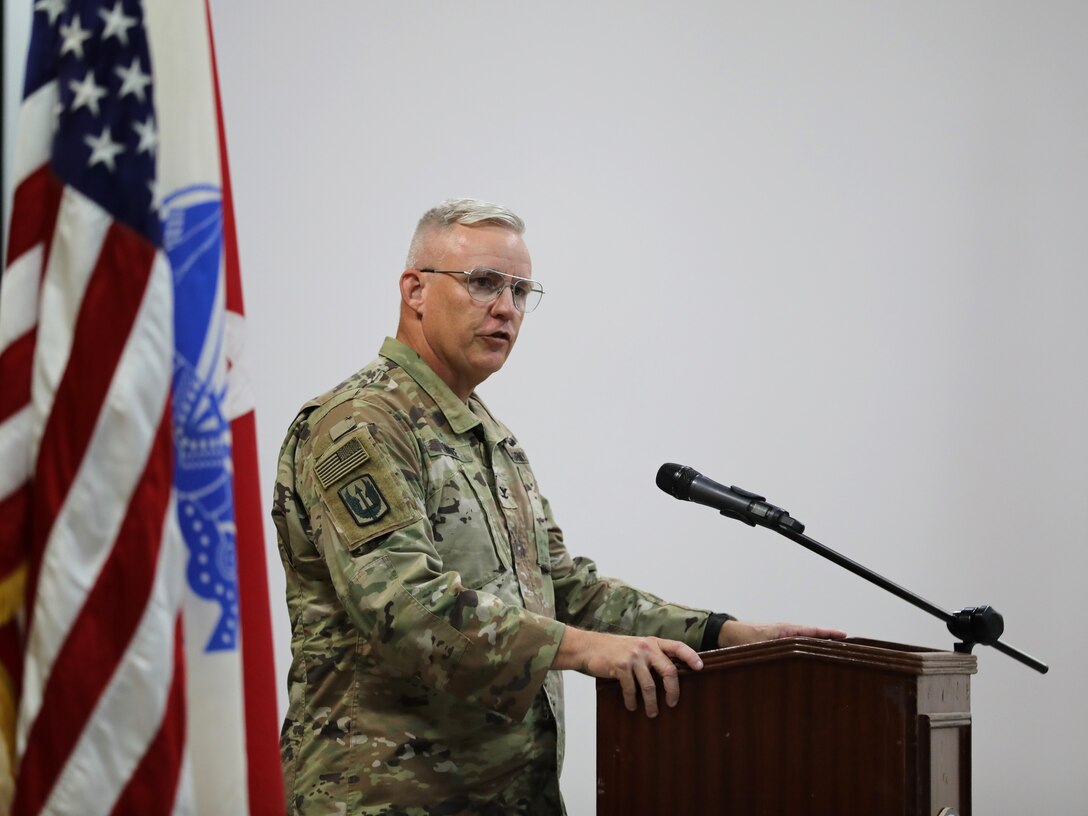 Col. Bradley K. Howe, the commander of the 1108th Theater Aviation Sustainment Maintenance Group, speaks during the unit’s transfer of authority ceremony in the U.S. Central Command area of responsibility, Aug. 14, 2024. (U.S. Army photo by Sgt. 1st Class Gecyca Martin)