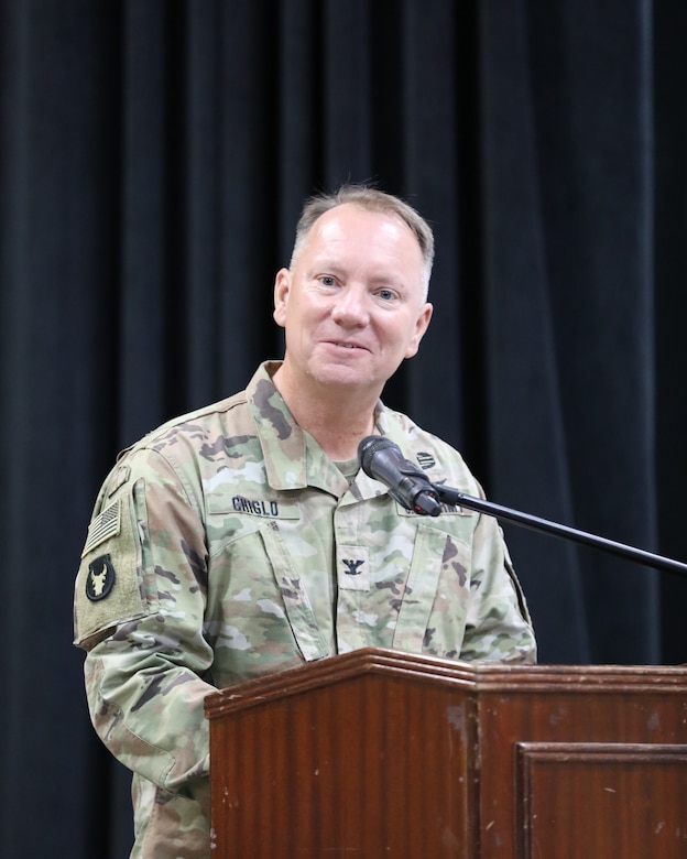 Col. Jeremy D. Chiglo, the commander of the 1100th Theater Aviation Sustainment Maintenance Group, speaks during the unit’s transfer of authority ceremony in the U.S. Central Command area of responsibility, Aug. 14, 2024. (U.S. Army photo by Sgt. 1st Class Gecyca Martin)