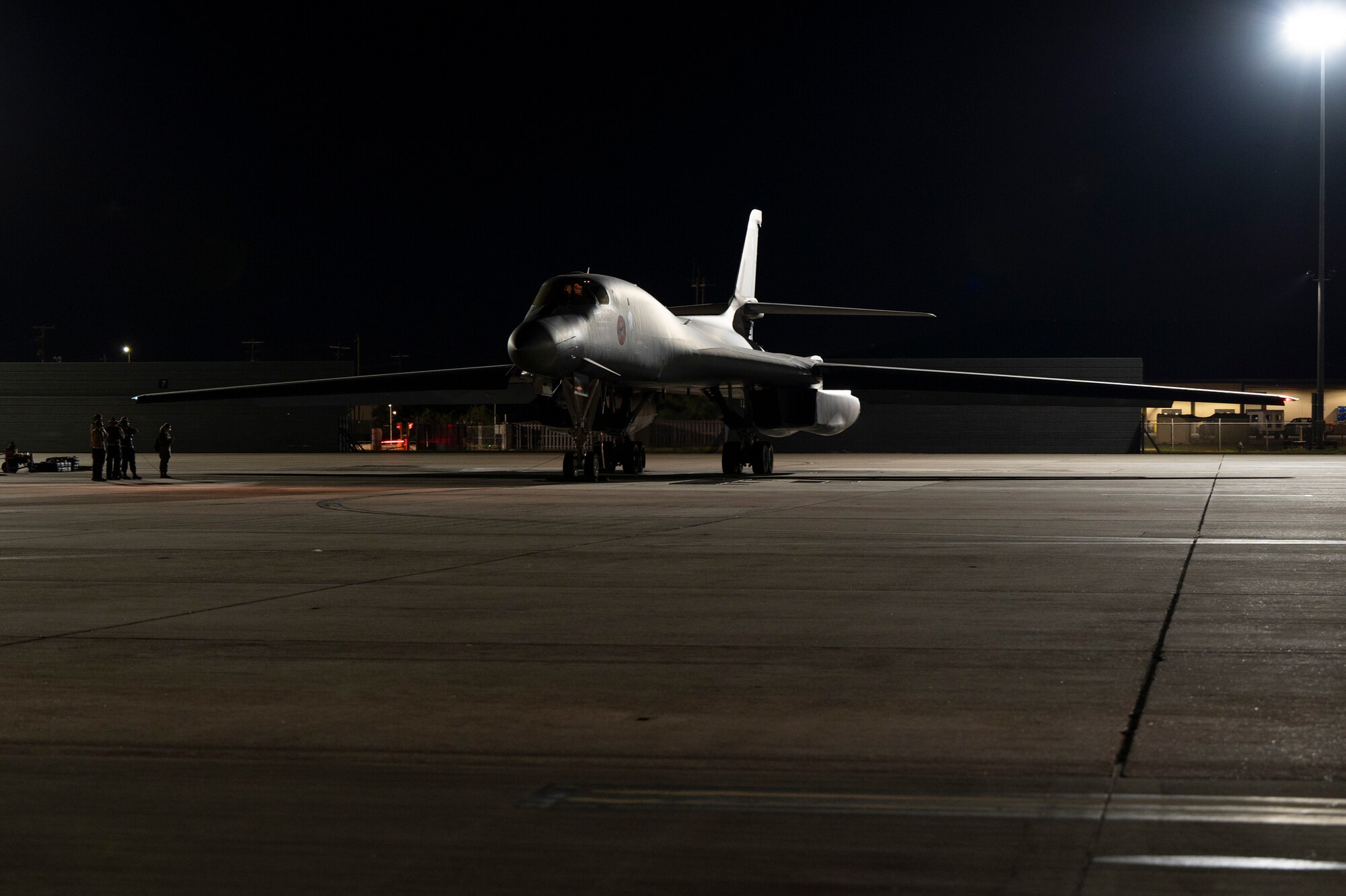 A B-1B Lancer prepares for take-off on the flightline at Dyess Air Force Base, Texas, Sept. 30, 2024. Bomber missions provide opportunities to train and work with our Allies and partners in joint and coalition operations and exercises. (U.S. Air Force photo by Airman 1st Class Emma Anderson)