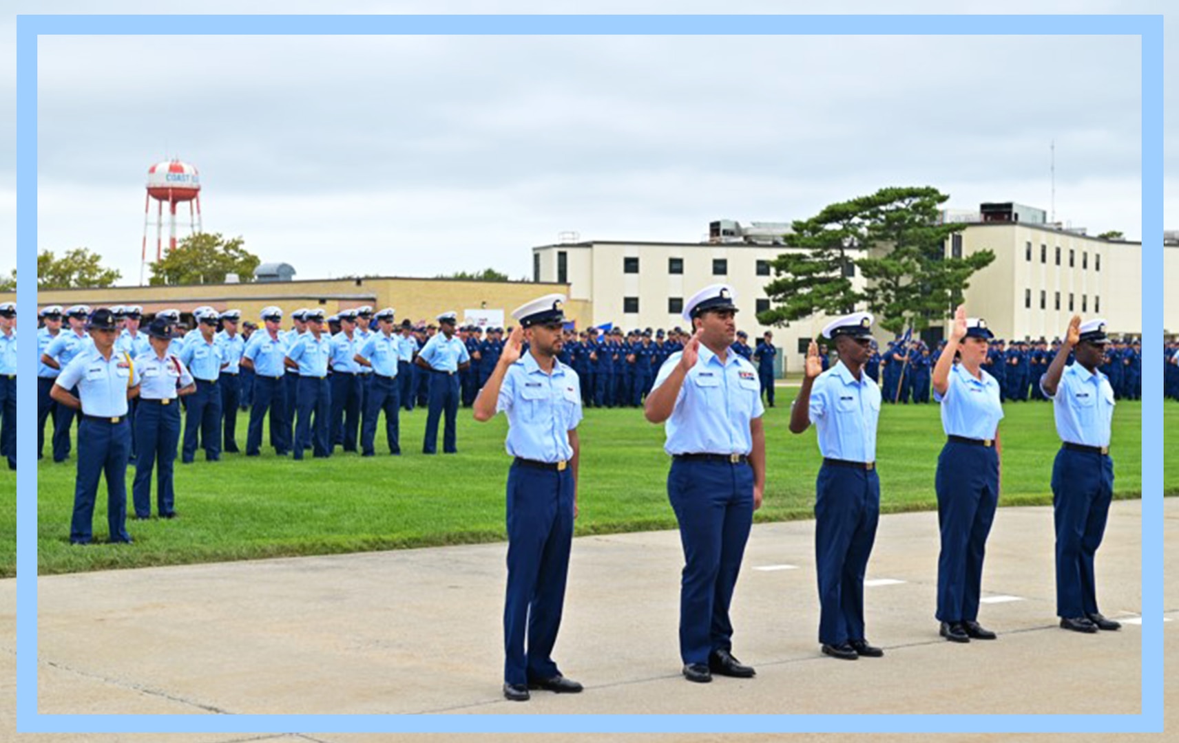 Five Coast Guard members from five separate countries were sworn in as U.S. citizens at Cape May on Sept. 6 as part of the service’s naturalization program, Operation Sentinel to Citizen. From left to right:  Petty Officer 3rd Class Liam Karlsrud, Petty Officer 2nd Class Justin Peapea, Seaman Rashaad Reid, Seaman Alinyeg Silva, and Seaman Frederick Asare.