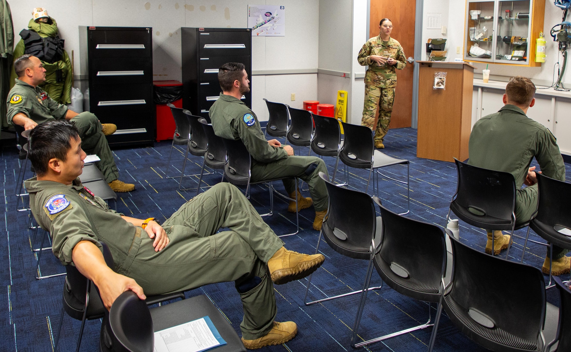 SSgt Logan Graham leads a class of aviators while emphasizing the critical role physiology plays in flight safety. Her instruction equips members with the knowledge to recognize and respond to to altitude-related challenges like hypoxia and spatial disorientation.