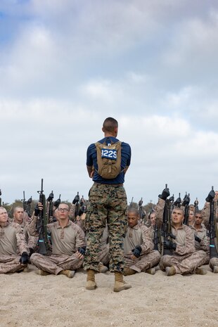 U.S. Marine Corps Sgt. Matthew S. Dwight, a drill instructor with Kilo Company, 3rd Recruit Training Battalion, briefs recruits at Marine Corps Recruit Depot San Diego, California, Sept. 25, 2024. Bayonet techniques tie into the Marine Corps Martial Arts Program and strengthens the mental and moral resiliency of individual recruits and Marines through realistic combative training, warrior ethos studies, and physical hardening. (U.S. Marine Corps photo by Lance Cpl. Janell B. Alvarez)