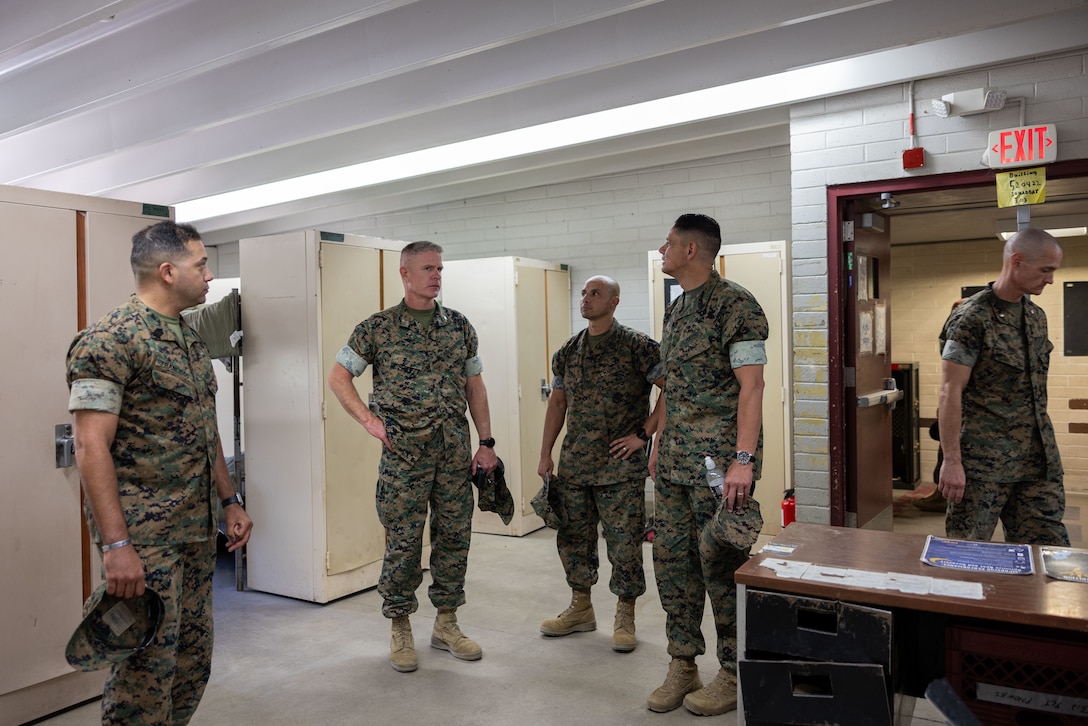 U.S. Marine Corps Sgt. Maj. Carlos A. Ruiz, Sergeant Major of the Marine Corps, visits barracks at School of Infantry West to inspect the serviceability of the living quarters at Marine Corps Installations West Marine Corps Base Camp Pendleton, Calif., Aug. 26, 2024. Sgt. Maj. Ruiz toured MCB Camp Pendleton, interacted personally with Marines, and emphasized the Barracks 2030 plan to improve Marines’ welfare through barracks modernization. (U.S. Marine Corps photo by Lance Cpl. Jeslianne A. Torres)