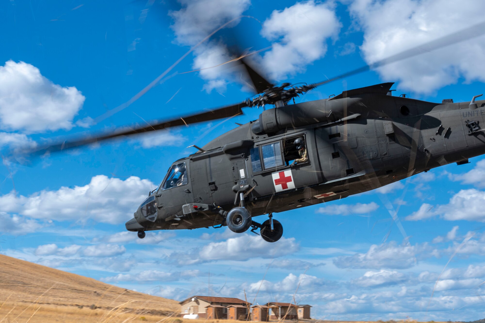 A helicopter taking off.
