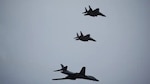 A U.S. Air Force B1 Bomber flies with South Korean Air Force’s F-15K fighter jets during a celebration to mark 76th anniversary of Korea Armed Forces Day, in Seongnam, South Korea, Tuesday, Oct.1, 2024.