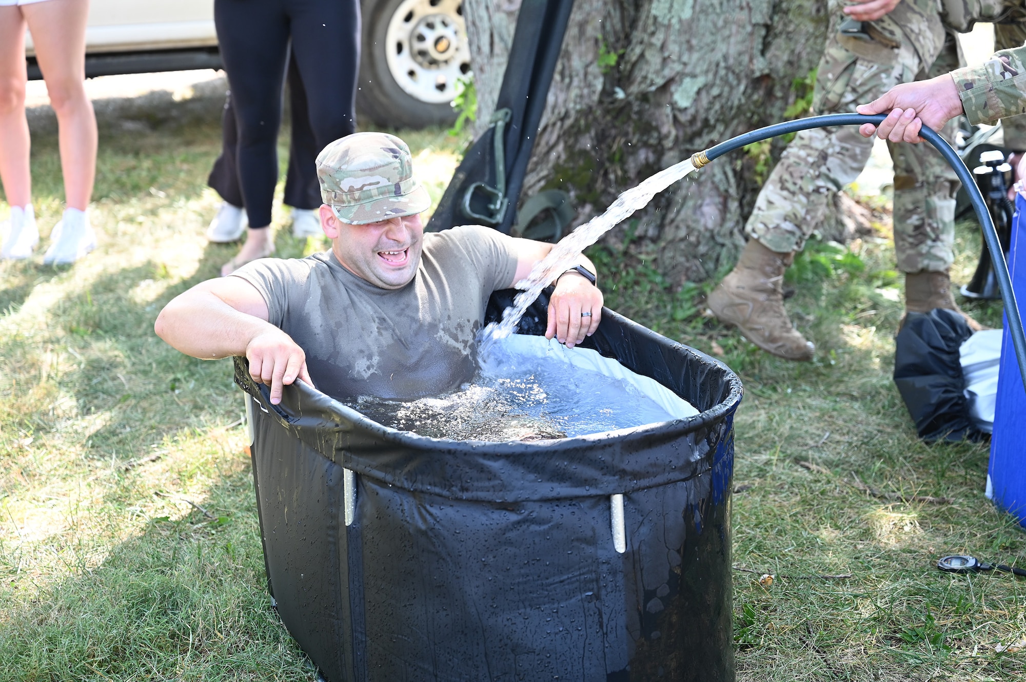 Tech. Sgt. Melvin Castro, 445th Aerospace Medicine Squadron aerospace medicine technician, participates in a cold water submersion during the 445th Airlift Wing Command Chief’s Challenge, Sept. 14, 2024. The challenge is an esprit de corps event showcasing the physical resiliency and capabilities of 445th AW Airmen.