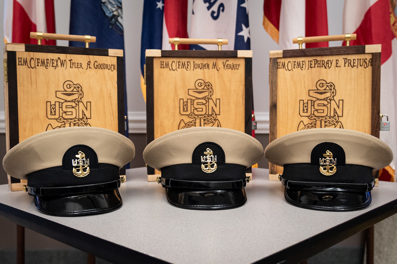 From left to right, Chief Petty Officers Jordan Varney, Tyler Goodrich and Jephray Prejusa advanced to the rank of Chief Petty Officer during a ceremony Friday, September 27 at Miller’s Landing.
Prejusa is assigned to Cherry Point’s Aviation Survival Training Center, Goodrich is assigned to Marine Aviation Logistics Squadron 14 and Varney is assigned to Marine Aircraft Group 14.