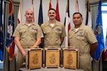 From left to right, Chief Petty Officers Jordan Varney, Tyler Goodrich and Jephray Prejusa advanced to the rank of Chief Petty Officer during a ceremony Friday, September 27 at Miller’s Landing.
Prejusa is assigned to Cherry Point’s Aviation Survival Training Center, Goodrich is assigned to Marine Aviation Logistics Squadron 14 and Varney is assigned to Marine Aircraft Group 14.