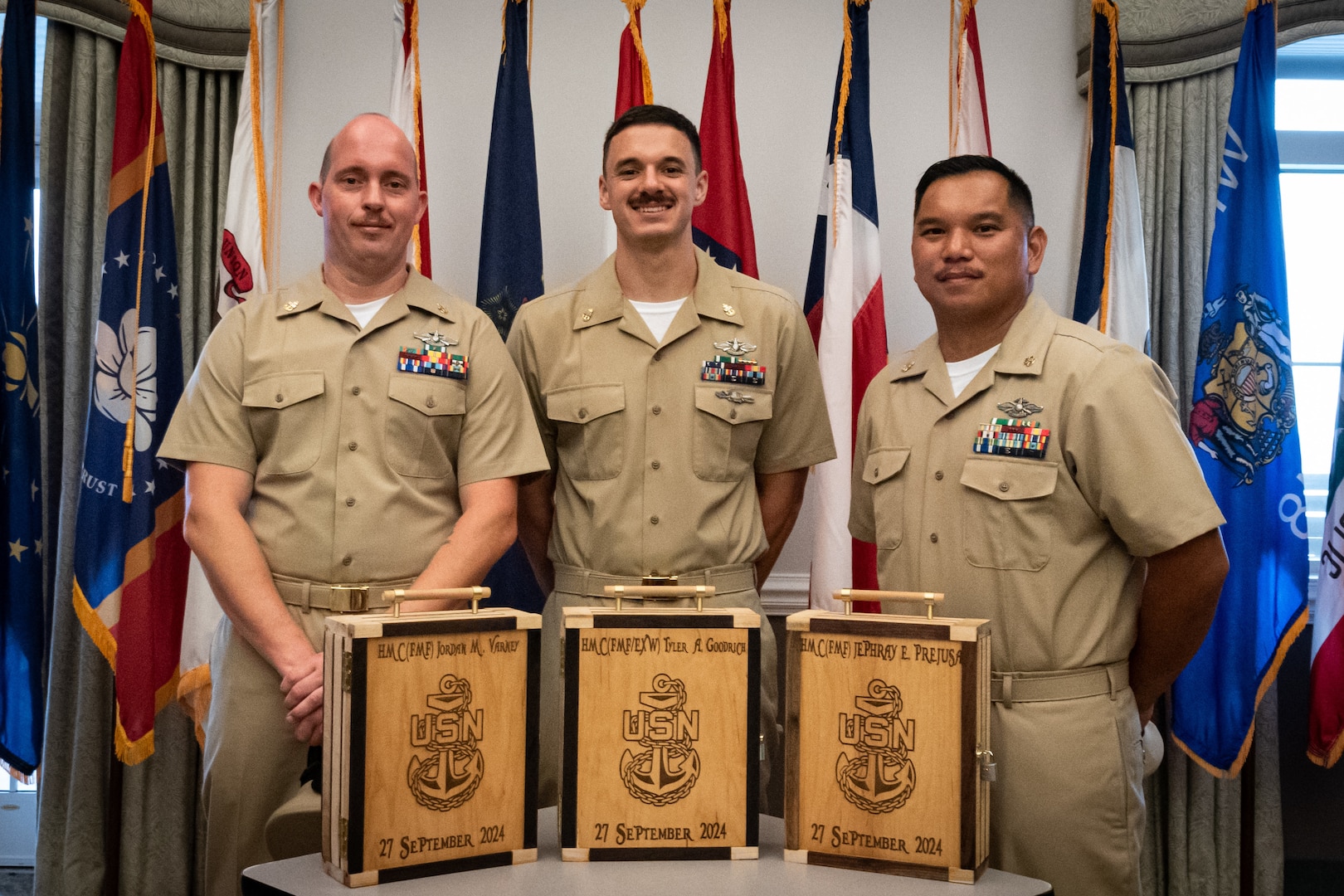 From left to right, Chief Petty Officers Jordan Varney, Tyler Goodrich and Jephray Prejusa advanced to the rank of Chief Petty Officer during a ceremony Friday, September 27 at Miller’s Landing.
Prejusa is assigned to Cherry Point’s Aviation Survival Training Center, Goodrich is assigned to Marine Aviation Logistics Squadron 14 and Varney is assigned to Marine Aircraft Group 14.