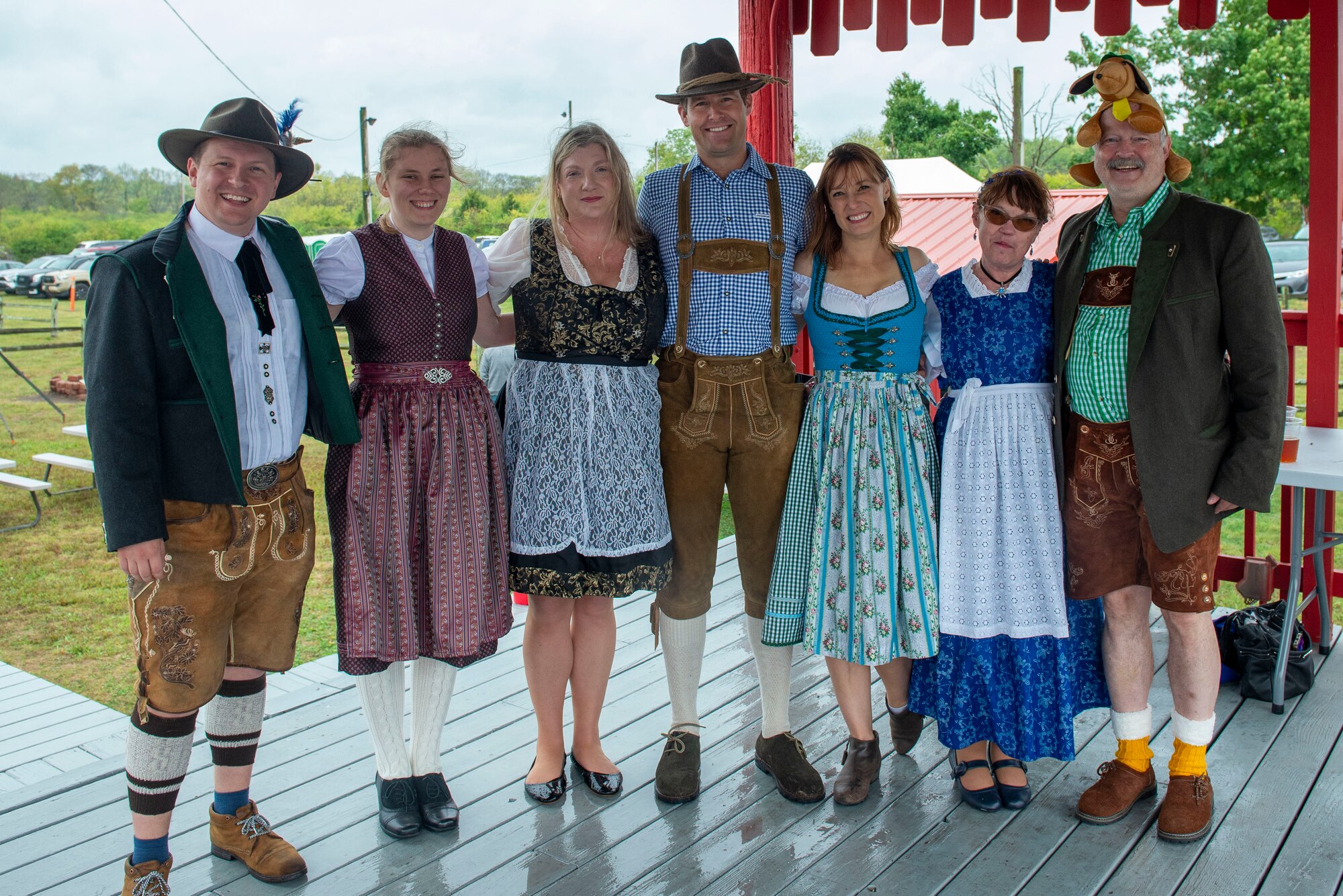 National Air and Space Intelligence Center personnel take part in the dress competition at the orginization's 56th annual Oktoberfest celebration at the Rip Rap Roadhouse, Dayton, Ohio, September 27, 2023. This event showcases the different traditional German-style clothing from Dirndl, traditional dress worn by women, and Lederhosen, which translates to "leather pants" in English.