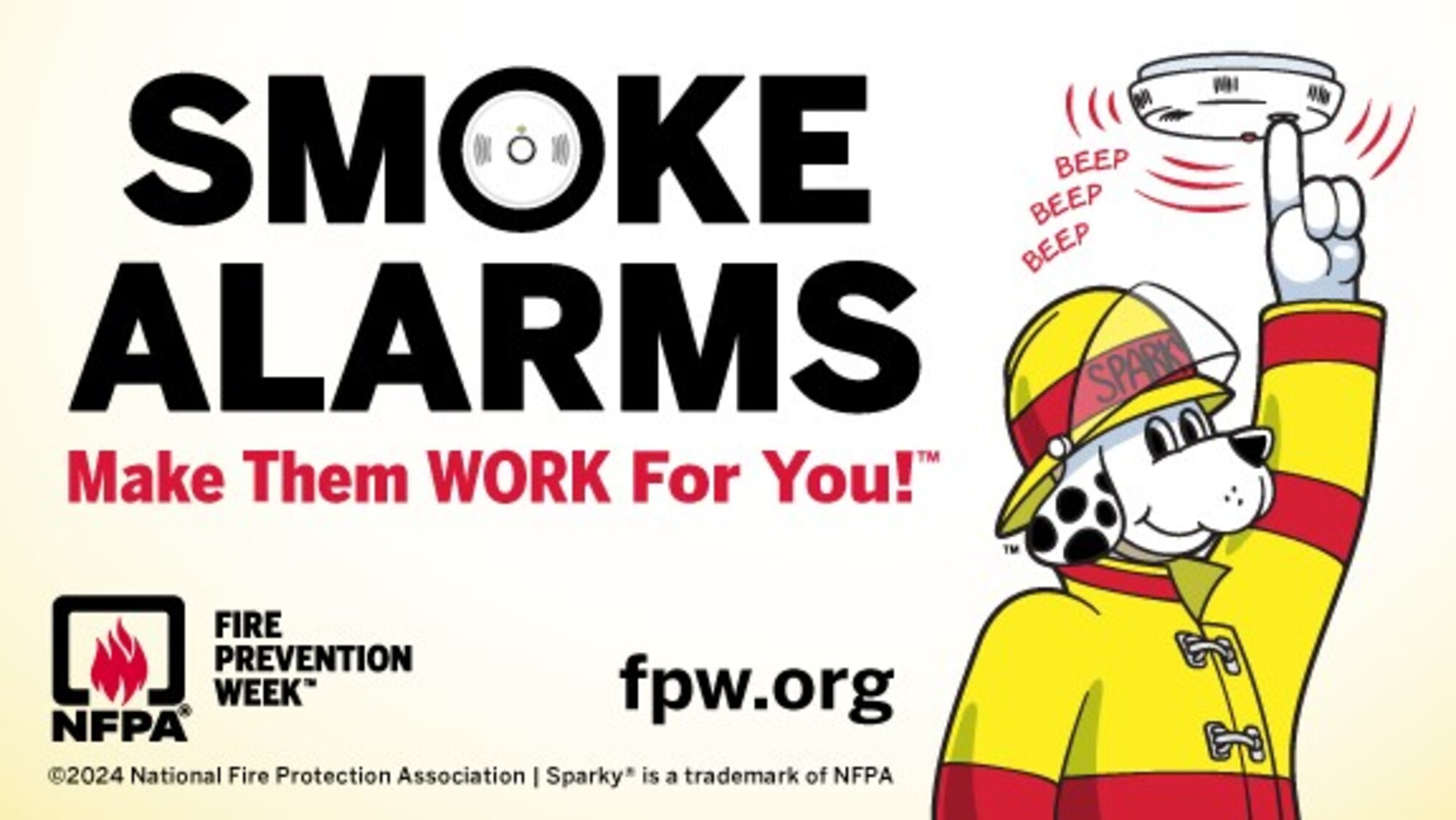 Fire Prevention Week is Oct. 6-12. The theme of the 2024 campaign is “Smoke alarms: Make them work for you.” The Arnold Air Force Base Fire and Emergency Services Fire Prevention Office is joining the National Fire Protection Association, which sponsors Fire Prevention Week, in encouraging people to ensure that smoke alarms are properly installed, regularly tested and replaced when necessary. (National Fire Protection Association graphic)