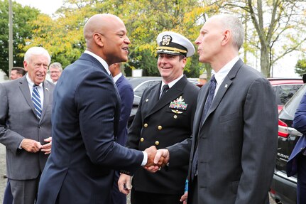 Naval Surface Warfare Center Indian Head Division (NSWC IHD) Technical Director Ashley Johnson (far right) and NSWC IHD Commanding Officer Capt. Steve Duba welcome Maryland Governor Wes Moore (center left) to meet with leadership and tour its facilities in Indian Head, Md., Oct. 3. Rep. Steny Hoyer (far left), along with several state and local government representatives also participated in the visit. (U.S. Navy photo Released)