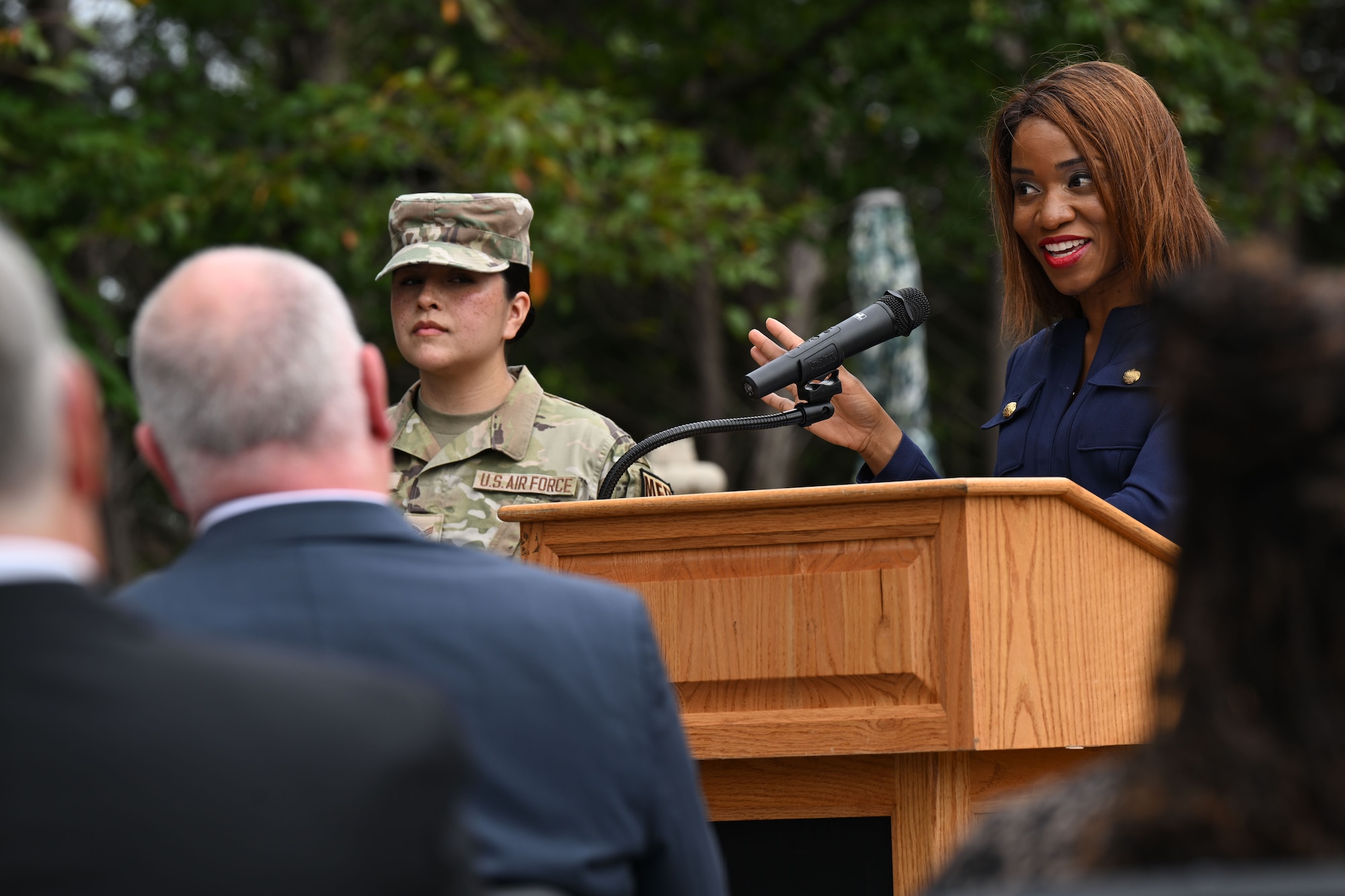 Bridgette Patterson, Joint Base Andrews Fisher House manager, expresses her gratitude during the 30th anniversary event of the Fisher House, Joint Base Andrews, Md., Sept. 26, 2024. The Andrews Fisher House has helped hundreds of families over the past three decades, including 133 families in 2023, offering care and support to those facing difficult circumstances. (U.S. Air Force photo by Airman 1st Class Gianluca Ciccopiedi)