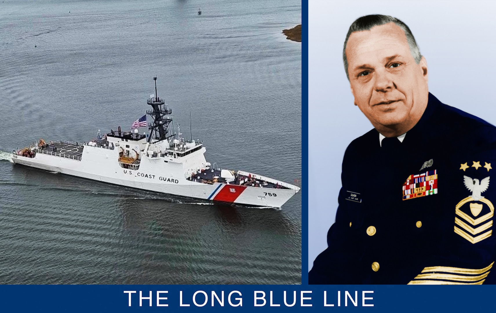 Official service photograph of Master Chief Petty Officer of the Coast Guard Charles L. Calhoun in his dress blues. (U.S. Coast Guard)
The newly commissioned National Security Cutter, Charles Calhoun, steams up the Cooper River to its new homeport at Coast Guard Base Charleston. (U.S. Coast Guard)