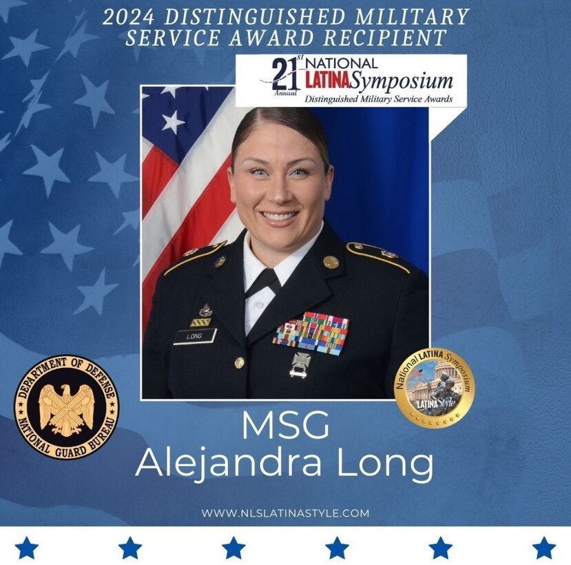 Master Sgt. Alejandra M. Long, senior human resources noncommissioned officer for the 213th Regional Support Group, was among the service members who received a 2024 Distinguished Military Service Award Recipient from Latina Style Inc. The awards were presented during the 21st National Latina Symposium on Sept. 19 in Arlington, Virginia. (Photo courtesy of Latina Style Inc.)
