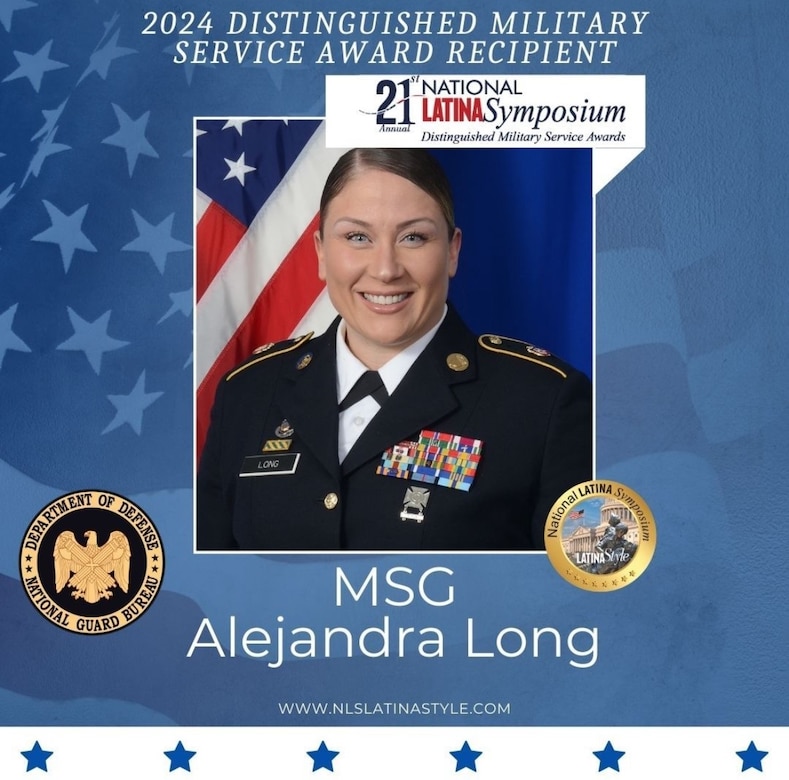 Master Sgt. Alejandra M. Long, senior human resources noncommissioned officer for the 213th Regional Support Group, was among the service members who received a 2024 Distinguished Military Service Award Recipient from Latina Style Inc. The awards were presented during the 21st National Latina Symposium on Sept. 19 in Arlington, Virginia. (Photo courtesy of Latina Style Inc.)