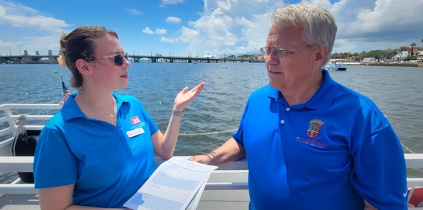 USACE Jacksonville District NEPA Biologist and study environmental lead, Katie Lebow, and J.B. Miller, Land Management Coordinator for the City of St. Augustine, discuss the array of alternatives within the St. Augustine Back Bay Feasibility Study, designed to ameliorate coastal and inland flooding around the entire municipal area of the city.