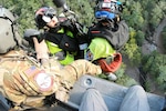 Virginia National Guard Black Hawk helicopter crews and Chesterfield County Fire and Emergency Medical Services Scuba Rescue Team members conduct hoist operations rescuing six citizens Sept. 27 and 28, 2024, in the Abingdon area. The VNG aviators and Chesterfield first responders form the Virginia Helicopter Aquatic Rescue Team, providing rotary wing aviation hoist capabilities and aerial rescue evacuation. They also conducted route and area search and rescue flights and transported a ground rescue team.