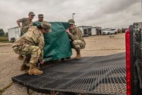 Airmen with the 121st Air Refueling Wing’s Fatality Search and Recovery Team, part of the Ohio Homeland Response Force, prepare to deploy to North Carolina in support of Hurricane Helene recovery efforts, at Rickenbacker Air National Guard Base in Columbus, Ohio, Oct. 1, 2024.