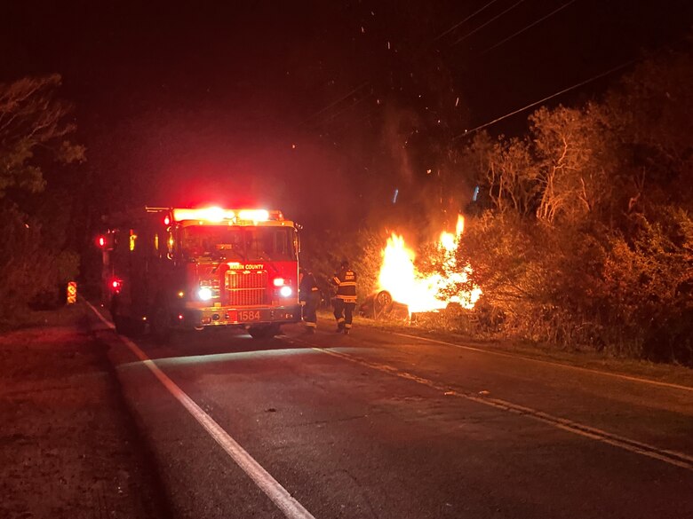 An image taken from the scene of the November 2023 accident in Marin County, where Robert Chase helped pull a man and his dog from an overturned vehicle. Secretary of the Army Christine Wormuth presented Chase, a senior fisheries biologist for the U.S. Army Corps of Engineers Sacramento District, with the Award for Valor for his actions that night during a ceremony at the Pentagon on Sept. 5, 2024. (Photo Courtesy Robert Chase)
