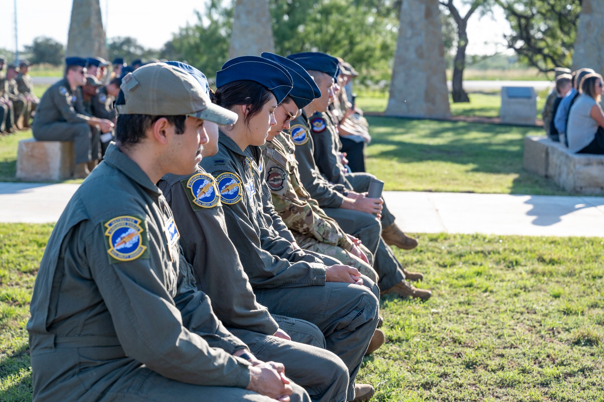 Airmen from the 39th Airlift Squadron observe the TORQE 62 memorial ceremony at the Dyess Memorial Museum in Abilene, Texas, Oct. 2, 2024. Airmen from the 317th Airlift Wing gathered to remember those lost when a C-130J Super Hercules, call sign TORQE 62, crashed Oct. 2, 2015. (U.S. Air Force photo by Airman 1st Class Emma Anderson)