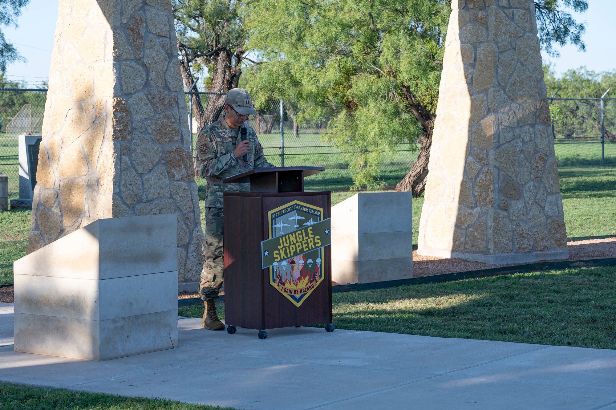 U.S. Air Force Capt. Jose Castro, 7th Bomb Wing chaplain, speaks at the TORQE 62 memorial ceremony at the Dyess Memorial Museum in Abilene, Texas, Oct. 2, 2024. The ceremony was held to honor and remember those lost when a C-130J Super Hercules, call sign TORQE 62, crashed on Oct. 2, 2015. (U.S. Air Force photo by Airman 1st Class Emma Anderson)