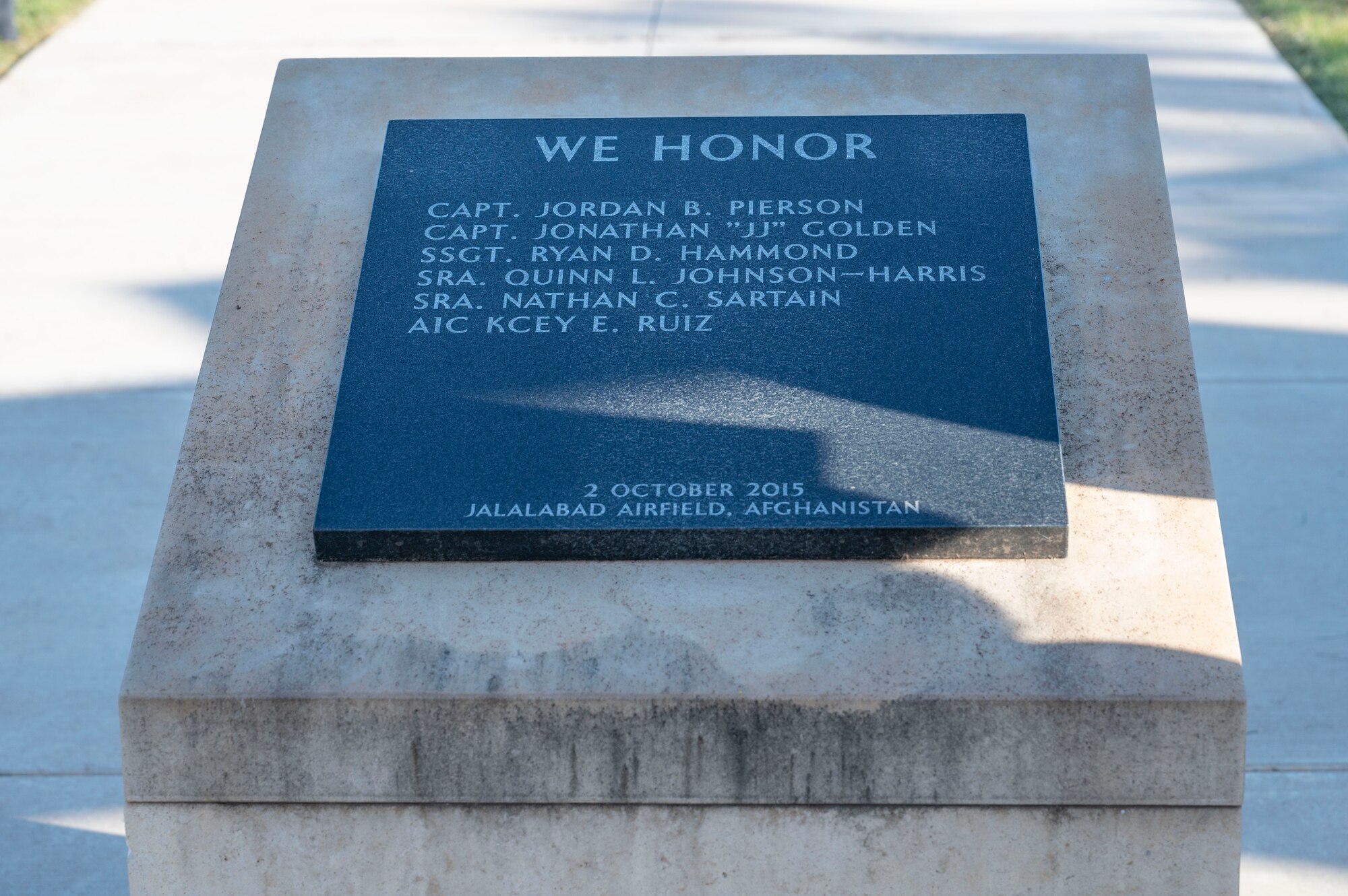 A plaque stands at the TORQE 62 memorial at the Dyess Memorial Museum in Abilene, Texas, Oct. 2, 2024. On Oct. 2, 2015, four Airmen from Dyess Air Force Base died when a C-130J Super Hercules crashed while deployed in Jalalabad, Afghanistan. (U.S. Air Force photo by Airman 1st Class Emma Anderson)