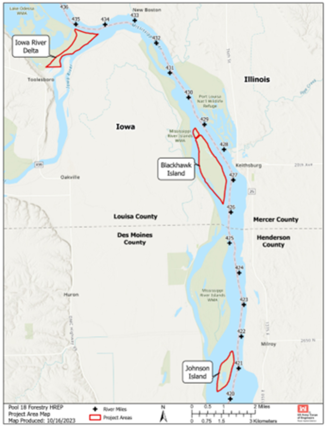 A map showing the project area for the Pool 18 Forestry Habitat Rehabilitation and Enhancement Project.